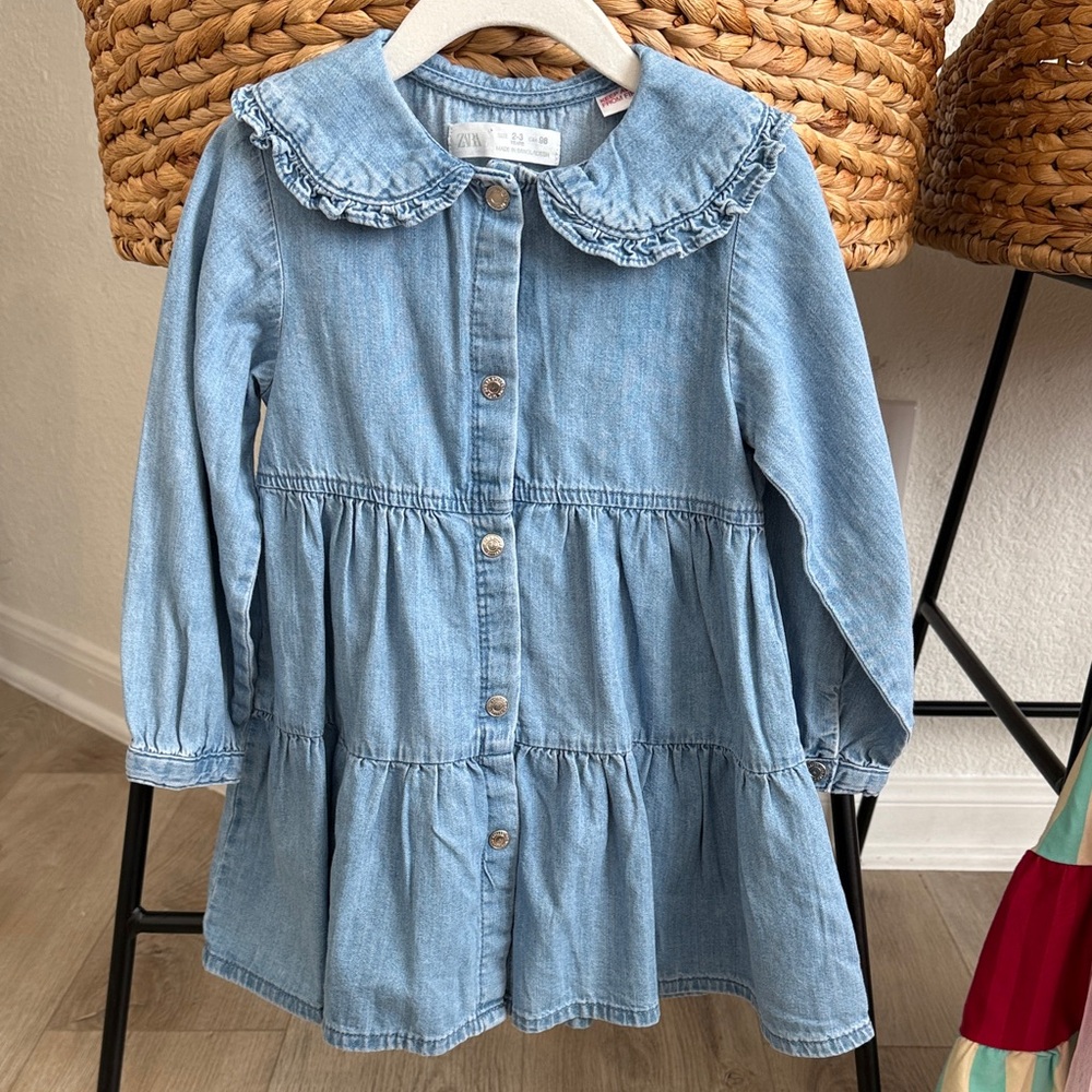 Zara Kids Light Blue CottonDenim Dress with Ruffled Collar